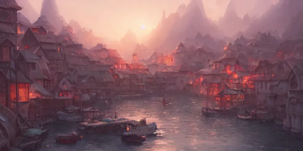 Prompt: Cozy small city on a cape, red roofs, fishing boats. In style of Greg Rutkowski, Jesper Ejsing, Makoto Shinkai, trending on ArtStation, fantasy, great composition, concept art, highly detailed, scenery, 8K, Behance.