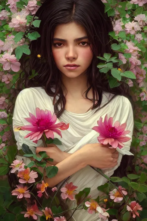 Image similar to ultra realistic illustration, mexican girl with flowers blossoming, elegant, highly detailed, digital painting, concept art, smooth, sharp focus, illustration, art by artgerm and greg rutkowski and alphonse mucha