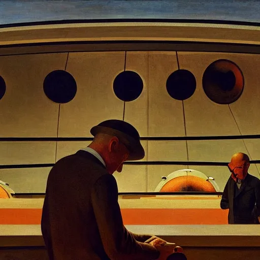 Image similar to scientists inspecting a giant mechanical eye in a dome - shaped control center, grant wood, pj crook, edward hopper, oil on canvas