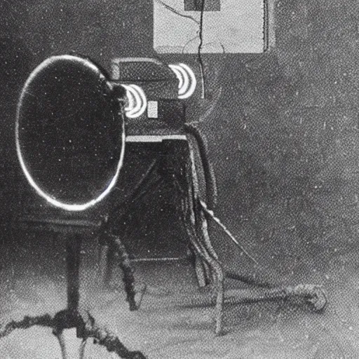 Image similar to grainy 1800s photo of a mechanical apparatus that is projecting a hologram used to communicate with an artificial intelligence