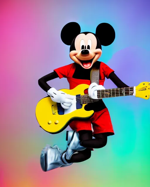 Prompt: A colorful studio portrait of Mickey Mouse playing electric guitar in the style of a zany comedy movie; bokeh, 90mm, f/1.4