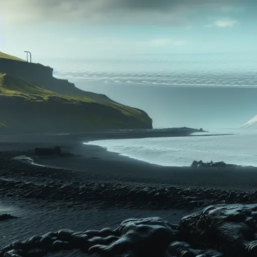 Image similar to deathstranding landscape, iceland landscape, ultra realistic, art by hideo kojima, artstation, concept art, decima engine