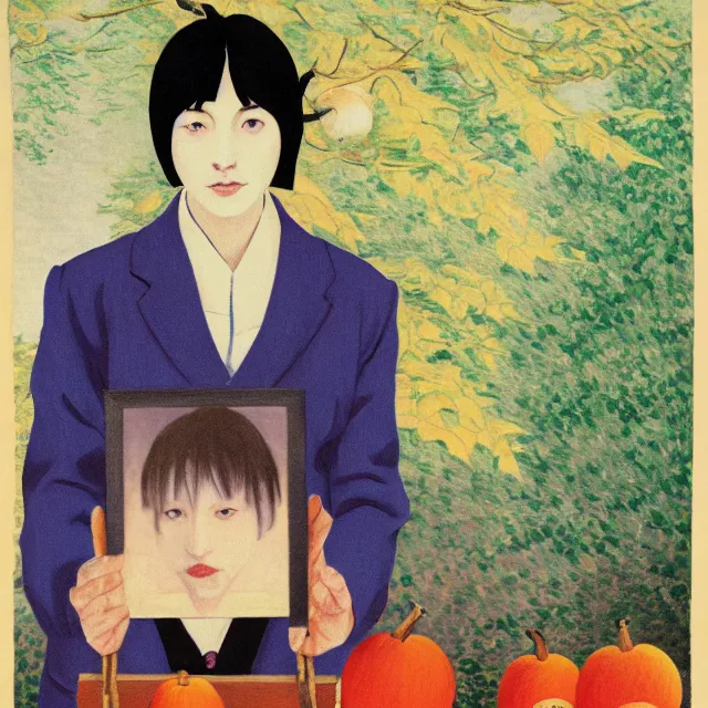 Image similar to tall emo girl artist holding small portraits and a persimmon on a train, on shinkansen in japan, odawara station, odawara castle, autumn leaves, pigs, octopus, acrylic on canvas, surrealist, by magritte and monet