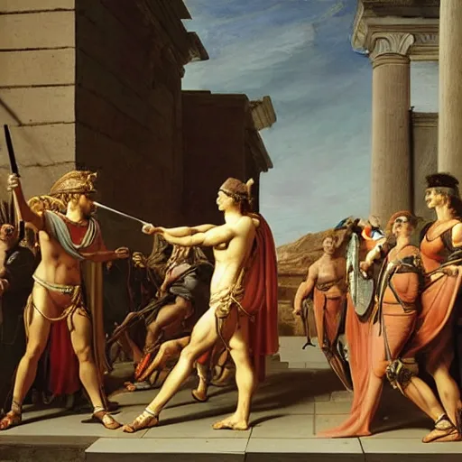 Image similar to muscular warrior women, roman women in armor, oath of the horatii, jacques - louis david