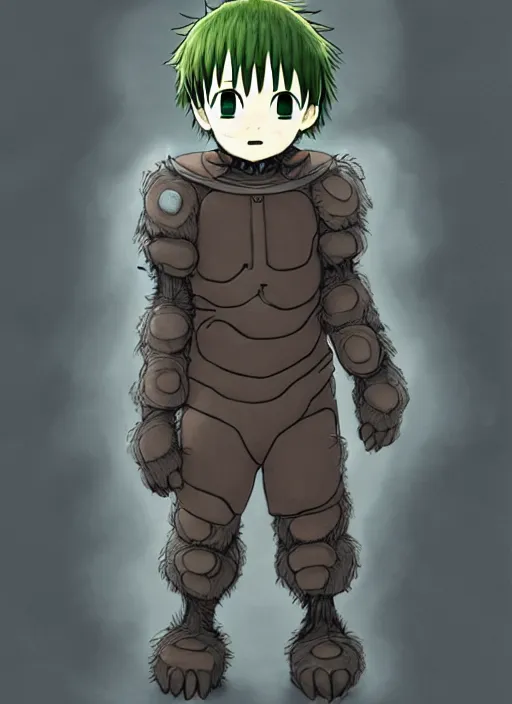 Image similar to beautiful little boy wearing an cyborg bear suit, artwork in kentaro miura and made in abyss and rosdraws, smooth, beautiful lightness, anatomically correct, trending on pixiv, forest