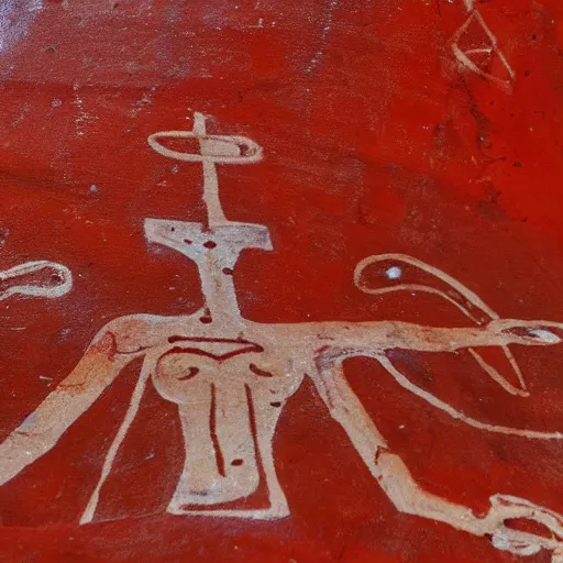 Image similar to red cave painting of cross and ufos ultra hd