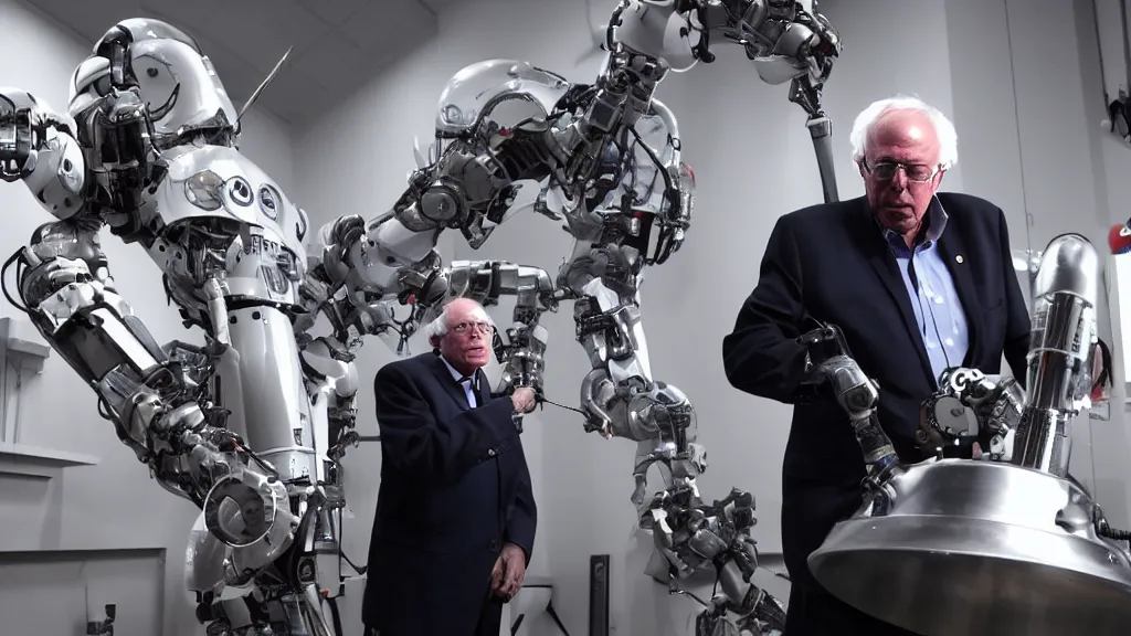 Image similar to bernie sanders putting the finishing touches on a complex magical clockwork doomsday robot, cinematic moody lighting, sharp focus, imax