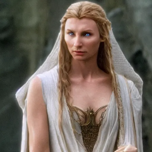 Prompt: Liam Neeson as Galadriel, Lord of the Rings, film still, high detail