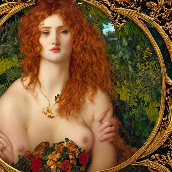 Prompt: masterpiece beautiful seductive flowing curves preraphaelite face portrait amongst leaves, extreme close up shot, straight bangs, thick set features, yellow ochre ornate medieval dress, branching abstract decorate structural circle, halo, amongst foliage shrooms, forest arch, branching framed with natural forms gold gilded circle halo, skulls, kilian eng and frederic leighton and rosetti, 4 k