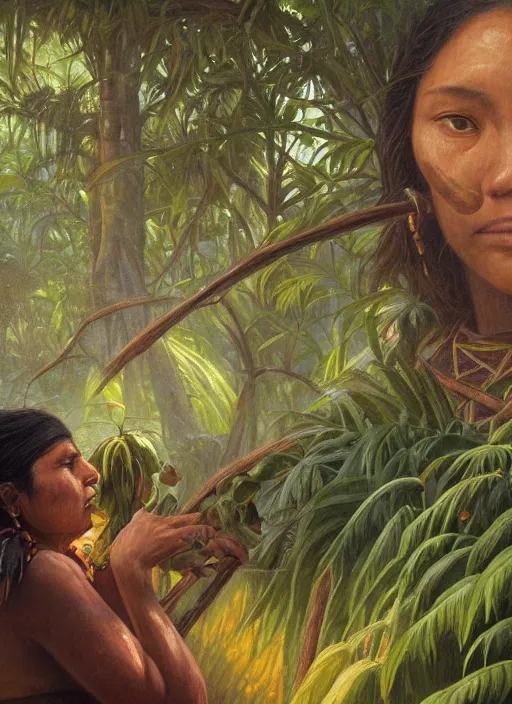 Prompt: a beautiful close up portrait of an indigenous woman harvesting medicinal plants in the jungle, highly detailed, art by christophe vacher