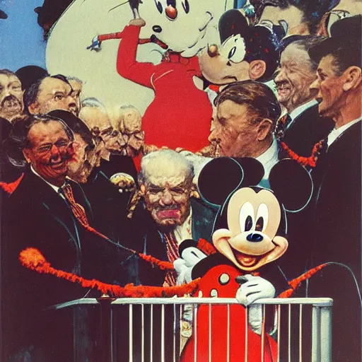 Prompt: Painting of the inauguration of Mickey Mouse by Norman Rockwell & Zdzisław Beksiński