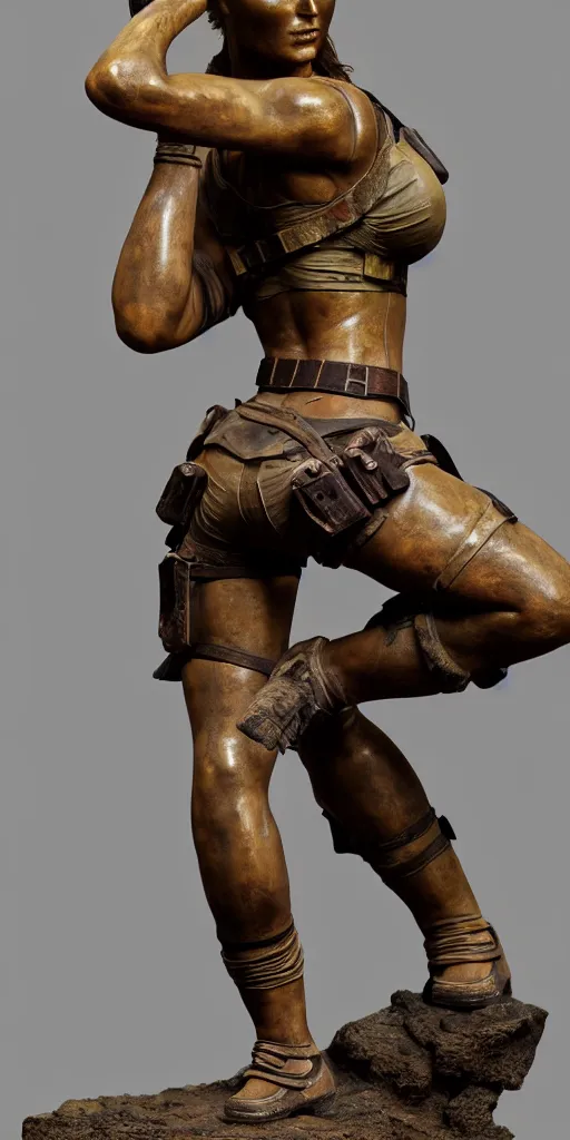 Image similar to detailed studio photo of old bronze patina statue lara croft, full body portrait, various bending poses, photorealism, intricate detail, museum diffuse lighting