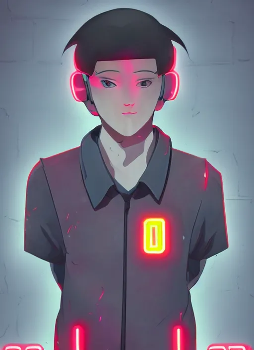 Prompt: Male cyborg wearing a school uniform, standing on street corner lit by a neon sign”, full body shot, cyberpunk, Digital art, detailed, anime