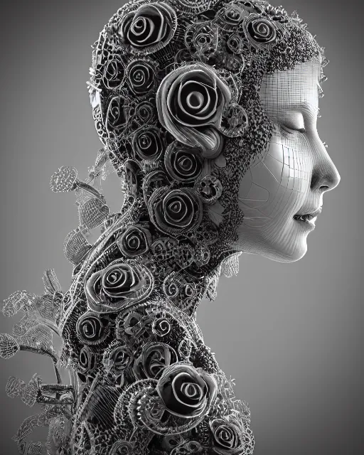 Image similar to mythical dreamy black and white organic bio - mechanical spinal ribbed profile face portrait detail of translucent steampunk beautiful female angelic - human - queen - vegetal - cyborg, highly detailed, intricate crystal ivy jelly ornate, poetic, translucent roses ornate, 3 d render, digital art, octane render, 8 k artistic photography, photo - realistic, by dora maar