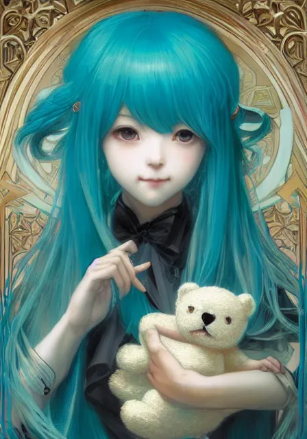 Prompt: hatsune miku holding a teddy bear, intricate, elegant, highly detailed, digital painting, artstation, concept art, smooth, sharp focus, illustration, art by artgerm and greg rutkowski and alphonse mucha and william - adolphe bouguereau