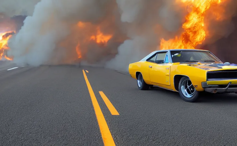 Image similar to a yellow 1 9 6 9 dodge charger daytona driving on a freeway. fire explosion in the background, action scen. realistic. high resolution. dramatic