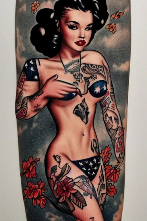 Image similar to traditional American tattoo of a pinup girl, pinup model, WWII style, tattoo by David Corden