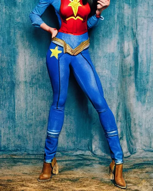 Prompt: a Chimpanzee, dressed as Wonder Woman, is wearing tight fit blue Jean pants, photographed in the style of Mario Testino, Standing in front of photorealistic