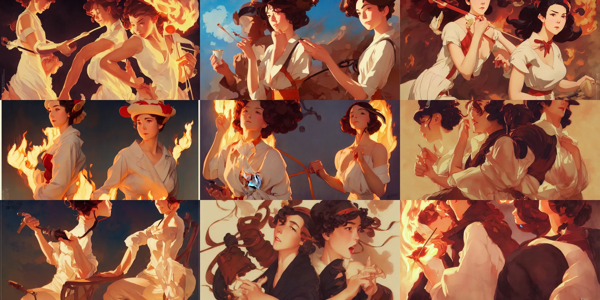 Prompt: fire, in the style of studio ghibli, j. c. leyendecker, greg rutkowski, artgerm