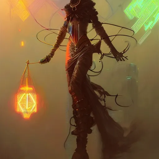 Image similar to the old wizard, cyberpunk, bionics, augments, lights, cables, elegant gleaming intricate baroque jewellery, colorful, vivid, imposing, epic, digital painting, artstation, concept art, by peter mohrbacher and wlop and rhads,