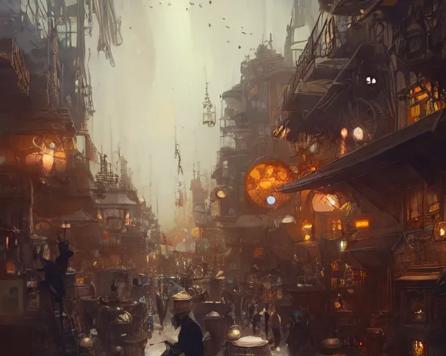 Image similar to bustling underbelly of a thriving steampunk city by james paick, trending on artstation