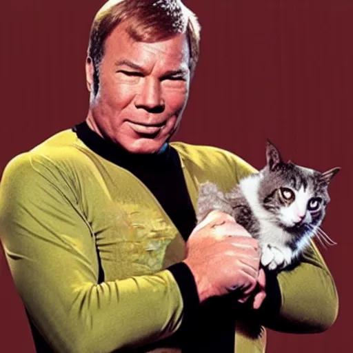 Prompt: captain kirk,played by william shatner, stroking a cat, while plotting the eradication of his enemies. photo. hyper-real