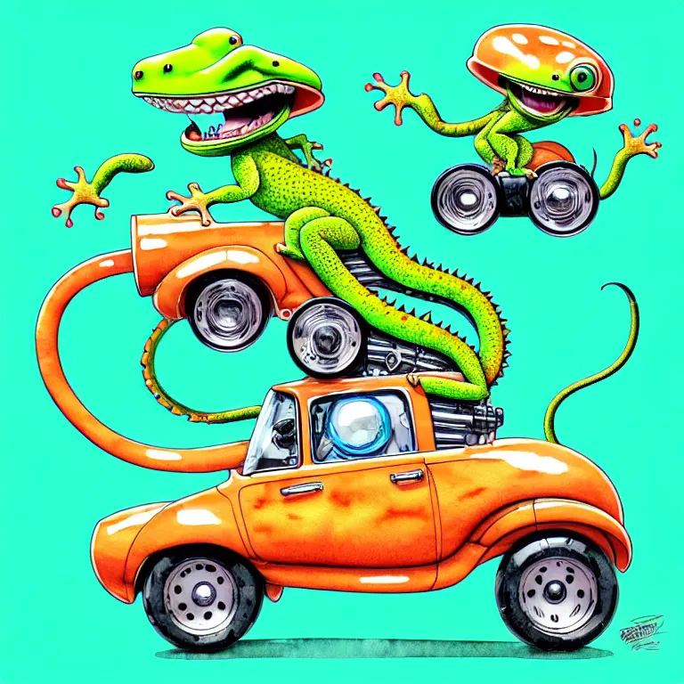 Image similar to cute and funny, gecko wearing a helmet riding in a hot rod with oversized engine, ratfink style by ed roth, centered award winning watercolor pen illustration, isometric illustration by chihiro iwasaki, edited by range murata, tiny details by artgerm and watercolor girl, symmetrically isometrically centered, sharply focused