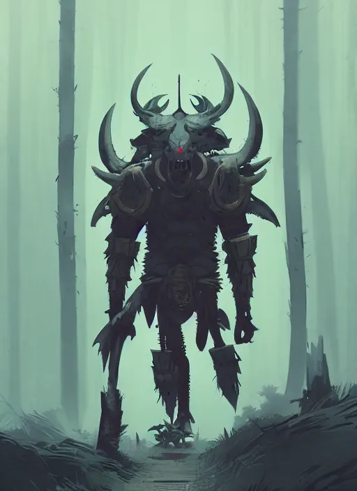 Image similar to giant oni demon in armor, walking, grey forest background, by ismail inceoglu