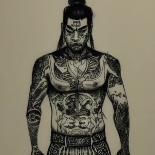 Image similar to intricate, realistic ink drawing of a yakuza in a splash of ink, 8 k