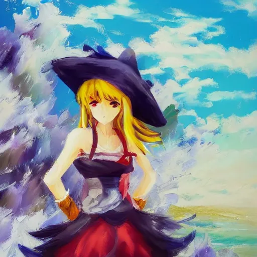 Image similar to Beautiful abstract impressionist painting of Kirisame Marisa from the Touhou project standing on a cliff overlooking the sea, touhou project official artwork, danbooru, oil painting by Antoine Blanchard, wide strokes, pastel colors, soft lighting sold at an auction