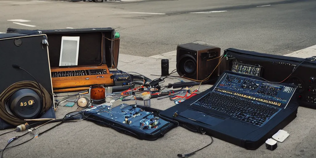 Prompt: a detailed color photograph of a musician's portable recording studio in the median strip of a california highway, trending on artstation, hyperrealism