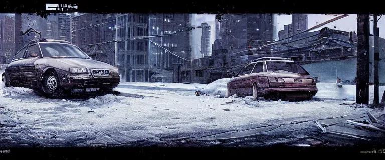 Image similar to Audi A4 B6 Avant (2002), a gritty neo-noir, dramatic lighting, cinematic, eerie person, death, homicide, homicide in the snow, viscera splattered, gunshots, bullet holes, establishing shot, extremely high detail, cracked windows, photorealistic, arson, cinematic lighting, artstation, by simon stalenhag, Max Payne (PC) (2001) winter New York at night, In the style of Max Payne 1 graphic novel, flashing lights, Poets of the Fall - Late Goodbye