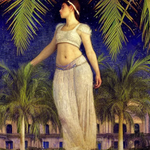 Image similar to a ultradetailed beautiful bitmap of the moon girl on the amazonas palace by jules bastien - lepage, hans belmer, frank weston and gustave baumann, trending on artstation, mediterranean, palm trees, light sparkles, sharp focus, soft light, 8 k 4 k