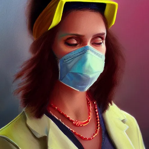 Image similar to A woman in 1980s clothing with a visor on her face and wearing a surgical mask, gucci catwalk, oil painting, digital art, ultradetailed, artstation