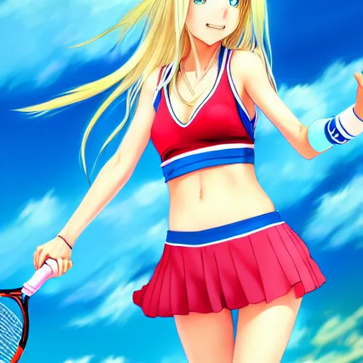 Image similar to a very beautiful young anime tennis girl, full body, long dreadlocks blond hair, sky blue eyes, full round face, short smile, bikini, miniskirt, highly detailed, cinematic wallpaper by stanley artgerm lau