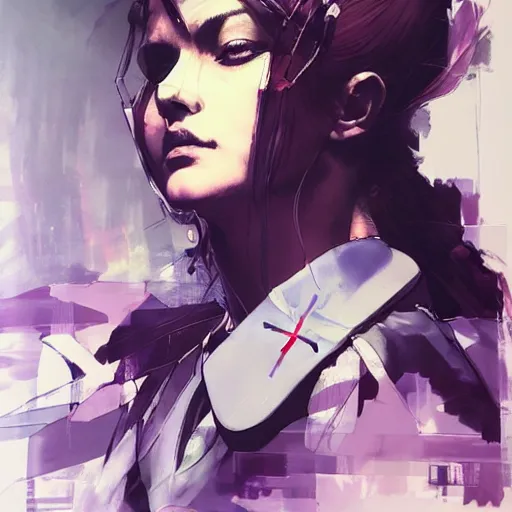 Image similar to a beautiful side portrait painting of an angelical nurse. she has a purple cross in her forehead. looks like an angel. art by yoji shinkawa and sandra chevrier, trending on artstation, award - winning, perfect composition.