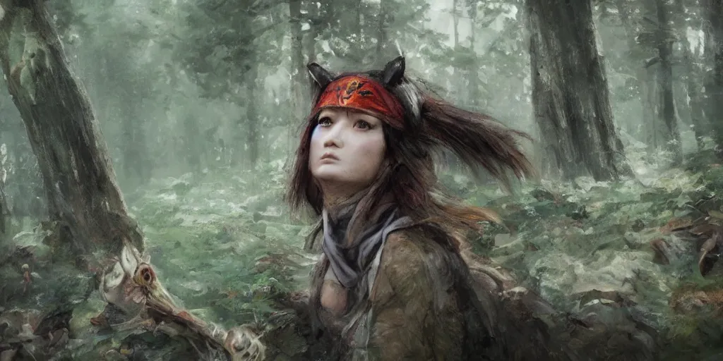 Prompt: portrait of woman, forest background, cloth, princess mononoke, 4 k, greg rutkowski, high detail, dramatic lighting, sunset, hayao miyazaki, masashi ando, nizou yamamoto, kazuo oga, joe hisaishi, yoji takeshige, naoya tanaka