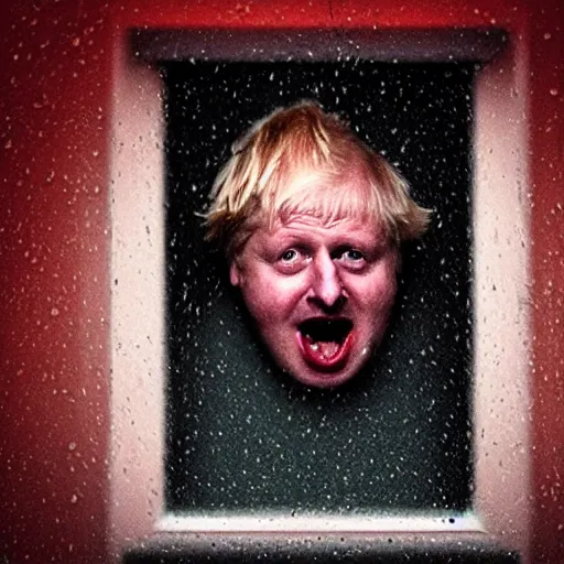 Image similar to photo of the inside of a dark old rainy bedroom window at night, dimly lit creepy | screaming face of boris johnson staring in through the window, bloody hands, horror, scary face, demonic face,