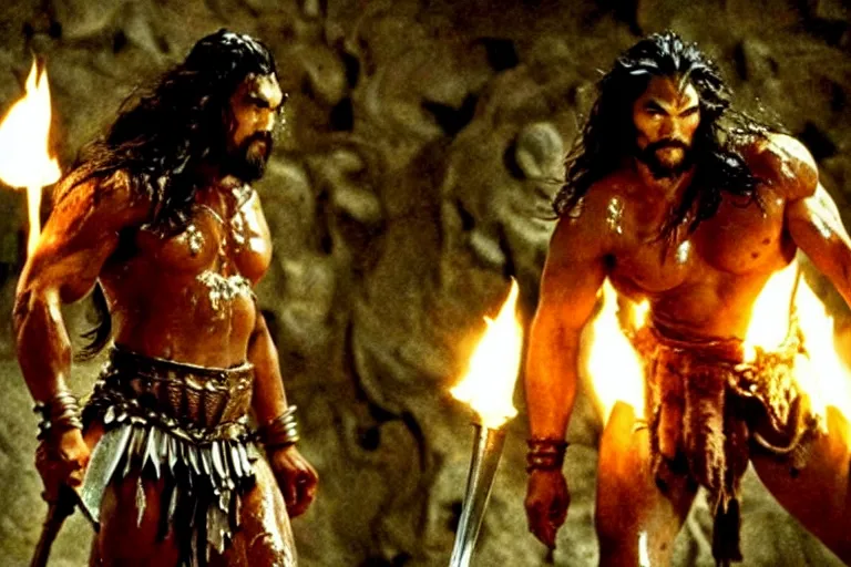 Image similar to film still from conan the barbarian, jason momoa as conan holding a torch in the catacombs of evil, fantasy armor, volumetric lighting, mist, wet skin and windblown hair, muscular!!!, masculine pose, ridley scott