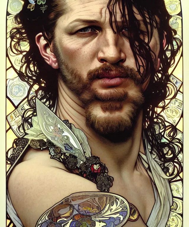 Prompt: realistic detailed head and shoulders portrait of tom hardy by alphonse mucha, ayami kojima, amano, greg hildebrandt, and mark brooks, male, art nouveau, neo - gothic, gothic