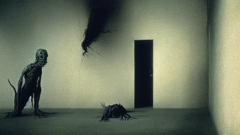 Prompt: the creature that pushes in from the wall, film still from the movie directed by denis villeneuve and david cronenberg with art direction by salvador dali and zdzisław beksinski, wide lens