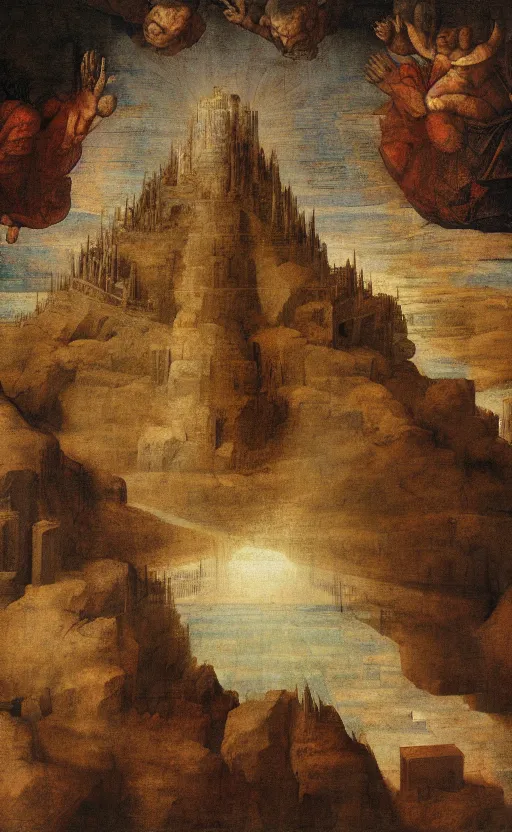 Image similar to The Towel of Babel reaching out towards the heavens above by Leonardo Da Vinci, surreal, renaissance, oil on canvas