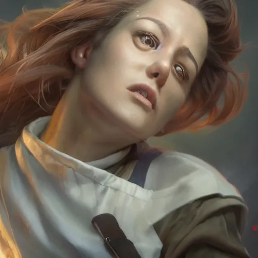 Image similar to epic portrait an beautiful waitress with short sleeved uniform, muscular, sweaty skin, hyperrealistic, expressive, emotional, moody, contre jour, octane render, cinematic, beautiful face and flawless skin, perfect hands, 5 fingers, by Edgar Maxence and Ross Tran and Michael Whelan, Legends of Runeterra