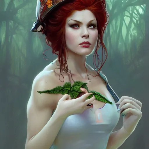 Image similar to a beautiful and detailed matte painting of poison ivy dressed as a hospital nurse, fantasy, d & d, dark eyeliner, intricate, elegant, highly detailed, digital painting, artstation, concept art, matte, sharp focus, illustration, art by greg rutkowski and alphonse mucha