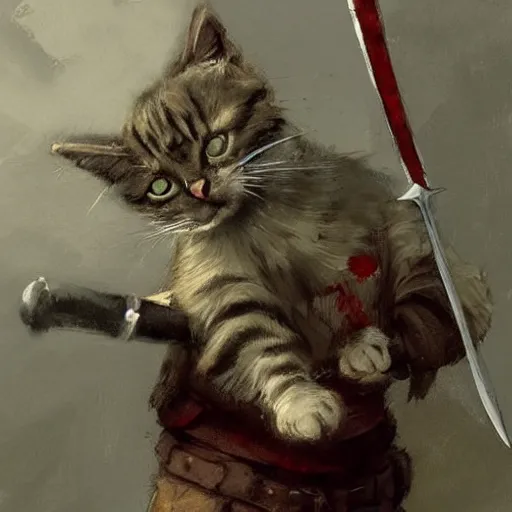 Image similar to a cat holding a sword by jakub rozalski