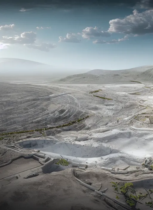 Image similar to bioremediation white architecture, in the mining tailings of chuquicamata, epic, cinematic, hyperealistic, high detailed, corona render, hdr, ray tracing