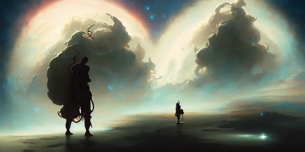 Image similar to The Loneliness of the Cosmic Artist, by Peter Mohrbacher and Andreas Rocha and Craig Mullins