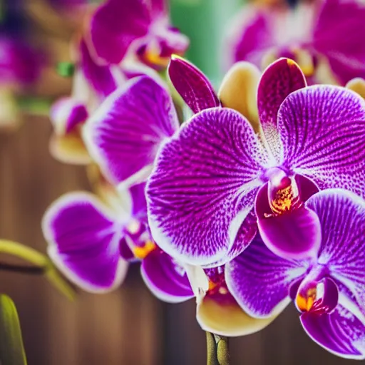 Prompt: Colorful orchid flower blossoming, climax, overwhelming, brilliant, cinematic, epic, 8k, sharp focus, color grain 35mm, tilt-shift, dslr