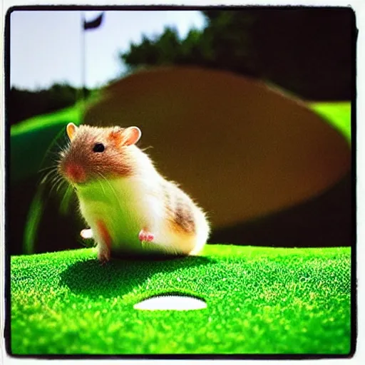 Image similar to “ hamster coming out of a golf hole, golf flag, golf terrain ”