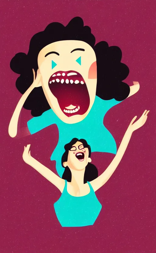 Prompt: illustration with a woman laughing out loud with open mouth, standup, comedy, joke, funny meme photo, trending on behance, art deco, digital illustration, storybook illustration, grainy texture, flat shading, vector art, airbrush, pastel, watercolor, poster